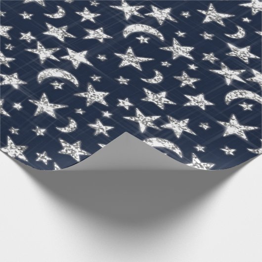 Sparkly Silver Gray Stars Moon Sky Blue Navy Cadeaupapier (Hoek)
