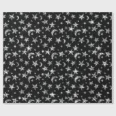 Sparkly Silver Grey Stars Moon Sky Black Cadeaupapier (Vlak)