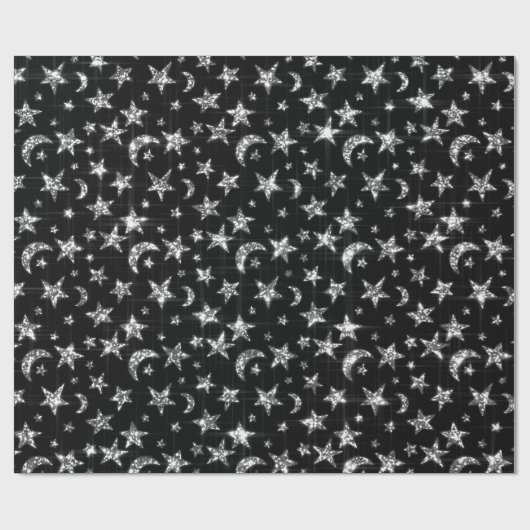 Sparkly Silver Grey Stars Moon Sky Black Cadeaupapier (Vlak)