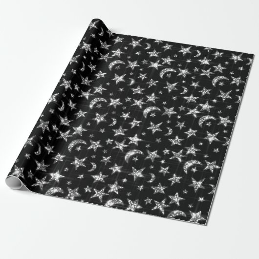 Sparkly Silver Grey Stars Moon Sky Black Cadeaupapier (Uitgerold)