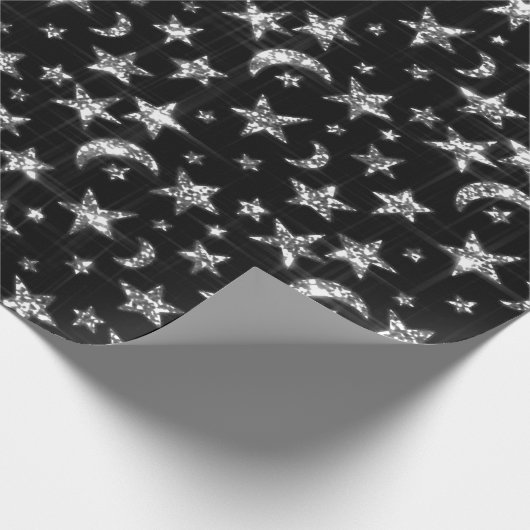 Sparkly Silver Grey Stars Moon Sky Black Cadeaupapier (Hoek)