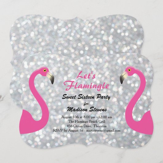 Sparkly Silver Let's Flamingle Sweet Sixteen Kaart (Voorkant / Achterkant)