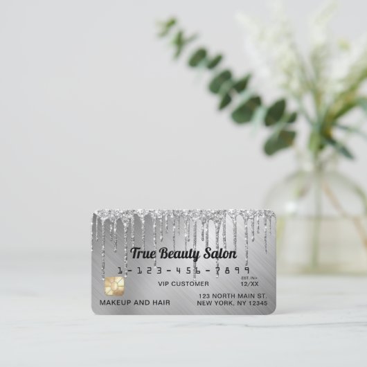 Sparkly Silver Metallic Glitter Drips Credit Visitekaartje (Staand voorkant)