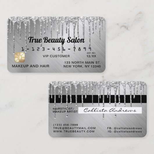 Sparkly Silver Metallic Glitter Drips Credit Visitekaartje (Voorkant / Achterkant)