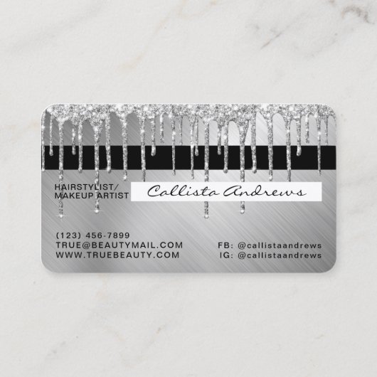 Sparkly Silver Metallic Glitter Drips Credit Visitekaartje (Achterkant)