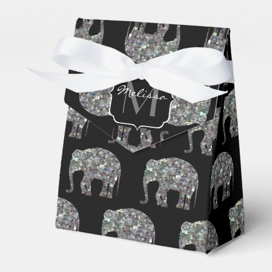 Sparkly Silver Mosaic Glitter Elephant Monogram Bedankdoosjes (Voorkant Zijde)