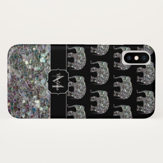 Sparkly Silver Mosaic Glitter Elephant Monogram Case-Mate iPhone Case (Achterkant (horizontaal))