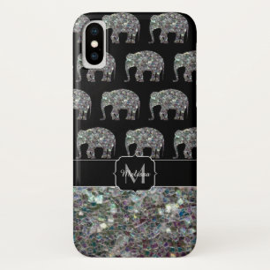 Sparkly Silver Mosaic Glitter Elephant Monogram iPhone X Hoesje