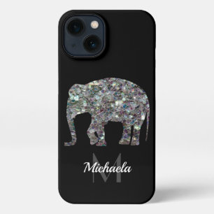 Sparkly Silver Mosaic Glitter Elephant Monogram iPhone 13 Hoesje