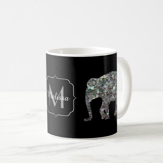 Sparkly Silver Mosaic Glitter Elephant Monogram Koffiemok (Voorkant rechts)
