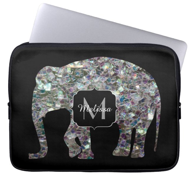 Sparkly Silver Mosaic Glitter Elephant Monogram Laptop Sleeve (Voorkant)