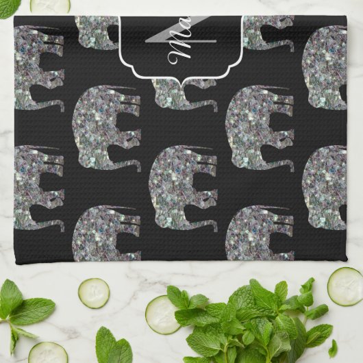 Sparkly Silver Mosaic Glitter Elephant Monogram Theedoek (Gevouwen)