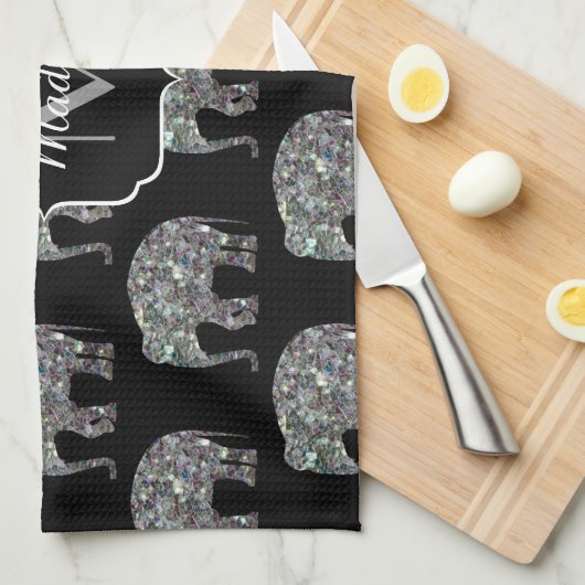 Sparkly Silver Mosaic Glitter Elephant Monogram Theedoek (Quarter Fold)