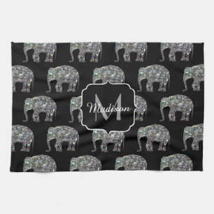 Sparkly Silver Mosaic Glitter Elephant Monogram Theedoek