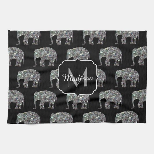 Sparkly Silver Mosaic Glitter Elephant Monogram Theedoek (Horizontaal)