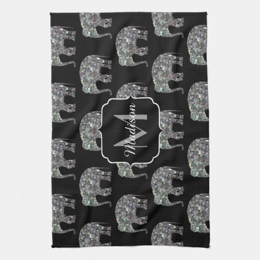 Sparkly Silver Mosaic Glitter Elephant Monogram Theedoek (Verticaal)