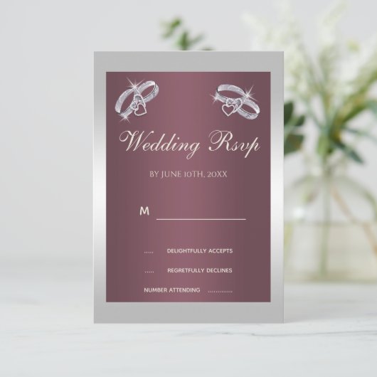 Sparkly Silver Rings & Burgandy RSVP Kaartje (Staand voorkant)