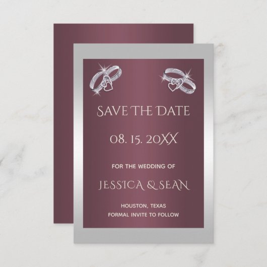 Sparkly Silver Rings & Burgandy Save The Date (Voorkant / Achterkant)