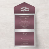 Sparkly Silver Rings & Burgandy Wedding All In One Uitnodiging (Binnen)
