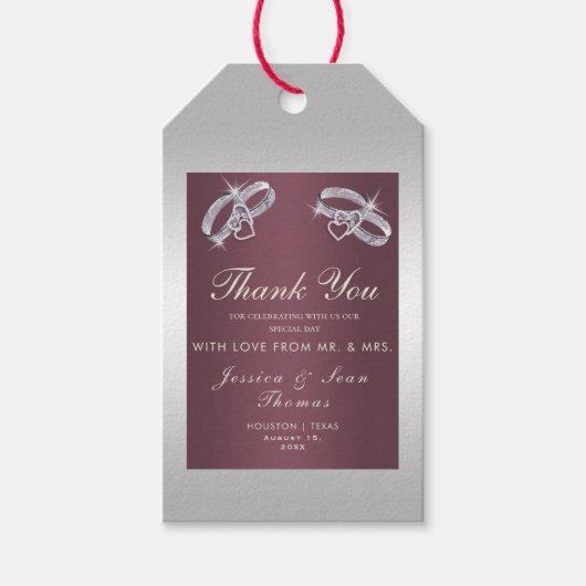Sparkly Silver Rings & Burgandy Wedding Cadeaulabel (Voorkant)