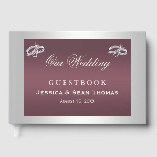 Sparkly Silver Rings & Burgandy Wedding Gastenboek (Voorkant)