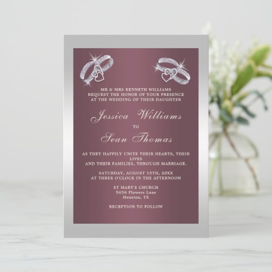 Sparkly Silver Rings & Burgandy Wedding Kaart (Staand voorkant)