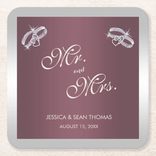 Sparkly Silver Rings & Burgandy Wedding Kartonnen Onderzetters (Voorkant)