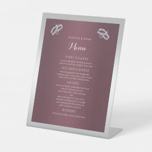 Sparkly Silver Rings & Burgandy Wedding Menu Reclamebord Met Voetstuk