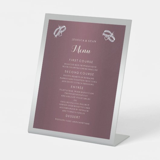 Sparkly Silver Rings & Burgandy Wedding Menu Reclamebord Met Voetstuk (Voorkant)