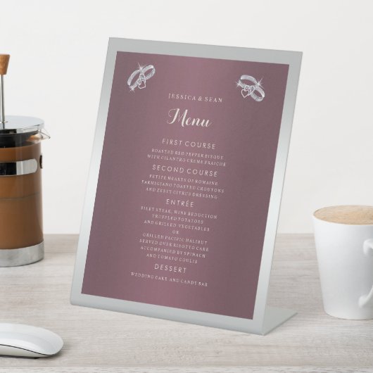 Sparkly Silver Rings & Burgandy Wedding Menu Reclamebord Met Voetstuk (Insitu)
