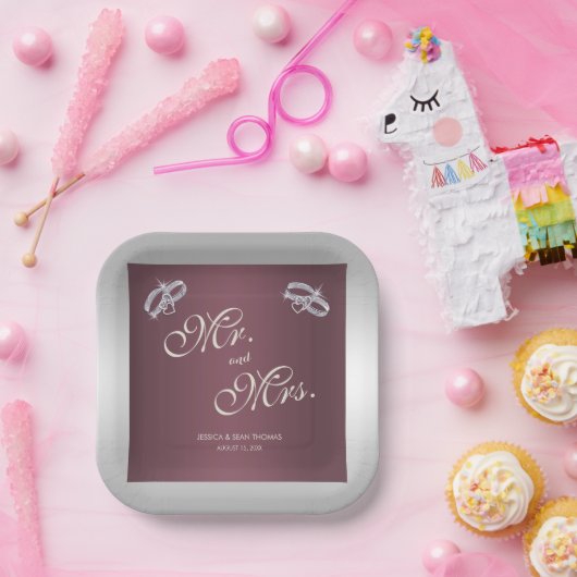 Sparkly Silver Rings & Burgandy Wedding Papieren Bordje (Feest)