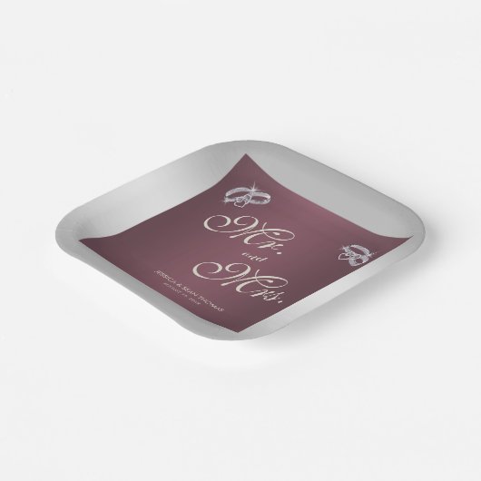 Sparkly Silver Rings & Burgandy Wedding Papieren Bordje (Gebogen)
