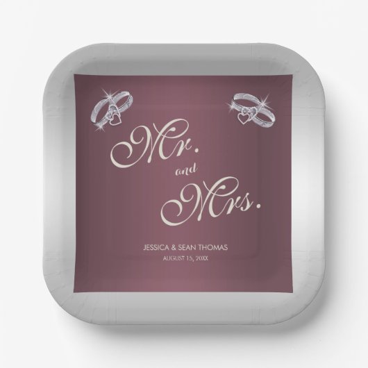 Sparkly Silver Rings & Burgandy Wedding Papieren Bordje (Voorkant)