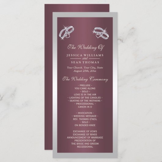 Sparkly Silver Rings & Burgandy Wedding Program (Voorkant / Achterkant)