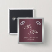 Sparkly Silver Rings & Burgandy Wedding Vierkante Button 5,1 Cm (Voorkant /achterkant)