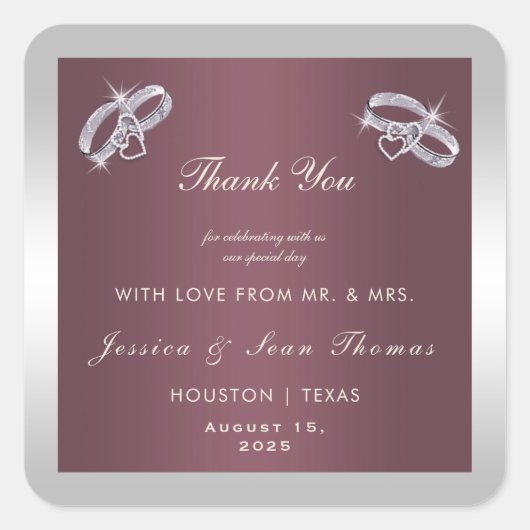 Sparkly Silver Rings & Burgandy Wedding Vierkante Sticker (Voorkant)