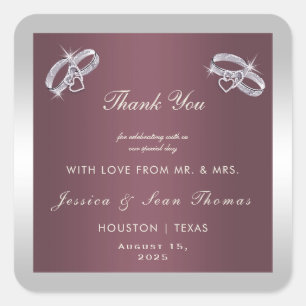 Sparkly Silver Rings & Burgandy Wedding Vierkante Sticker