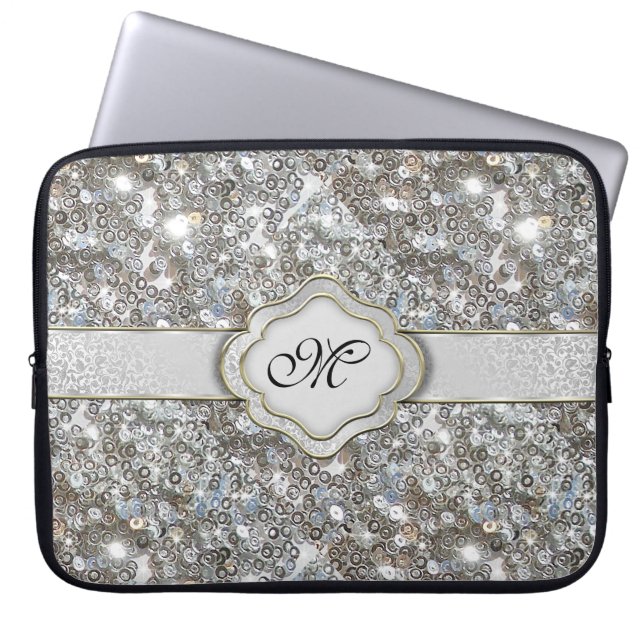 Sparkly Silver Sequin-laptophoes Laptop Sleeve (Voorkant)