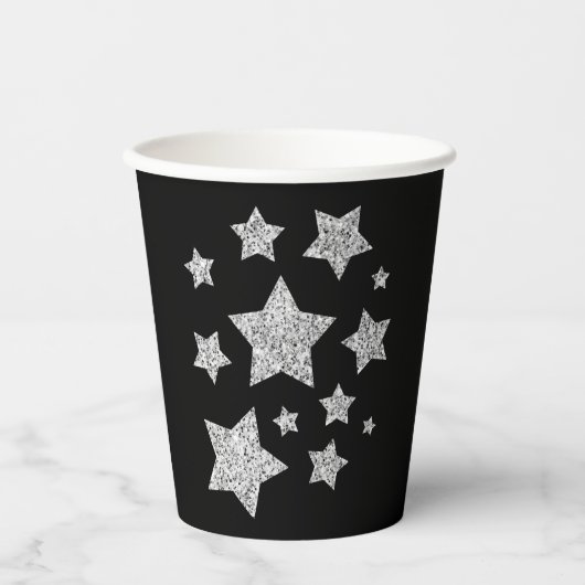 Sparkly Silver Stars Kerst feestdagen zwart Papieren Bekers (Voorkant)