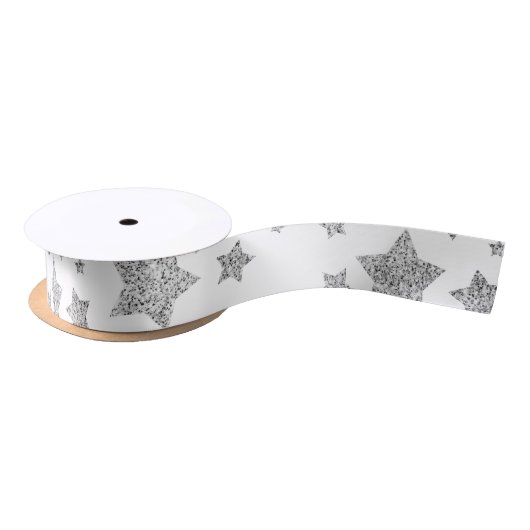 Sparkly Silver Stars kerstpatroon op wit Satijnen Lint (Spoel)