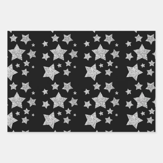 Sparkly Silver Stars kerstpatroon op zwart Inpakpapier Vel (Voorkant 3)