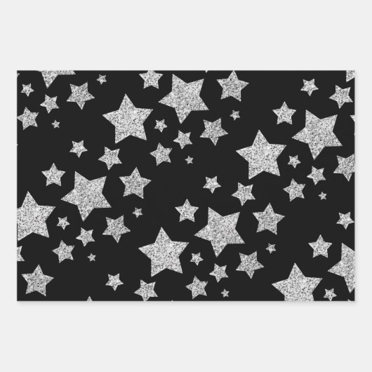 Sparkly Silver Stars kerstpatroon op zwart Inpakpapier Vel (Voorkant)