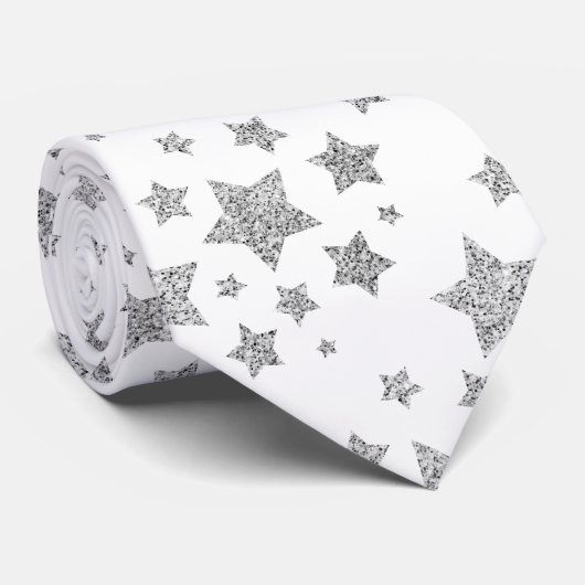 Sparkly Silver Stars Kerstpatroon wit Stropdas (Opgerold)