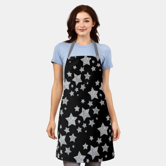 Sparkly Silver Stars Kerstpatroon zwart Schort (Gedragen)