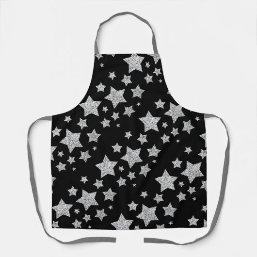 Sparkly Silver Stars Kerstpatroon zwart Schort (Voorkant)