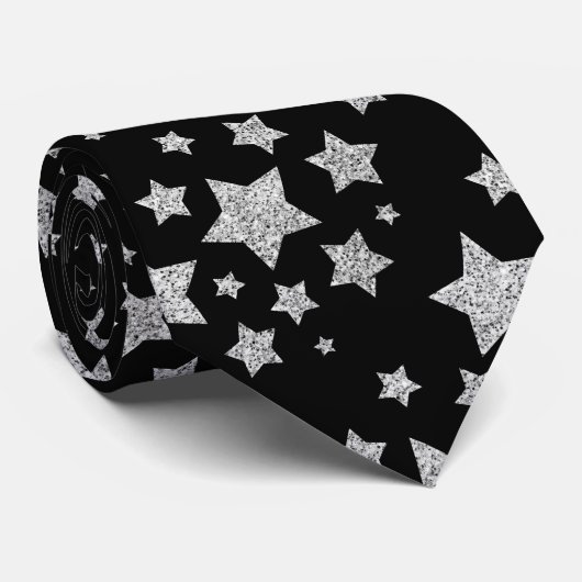 Sparkly Silver Stars Kerstpatroon zwart Stropdas (Opgerold)
