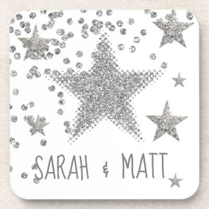 Sparkly Silver Stars Personnalised Wedding Bier Onderzetter
