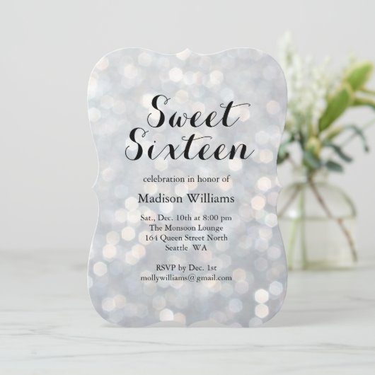 Sparkly Silver Sweet 16 Birthday Invitation Kaart (Staand voorkant)