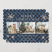 Sparkly Snowflake Blue Buffalo Plaid Fotocollage Feestdagenkaart (Voorkant / Achterkant)