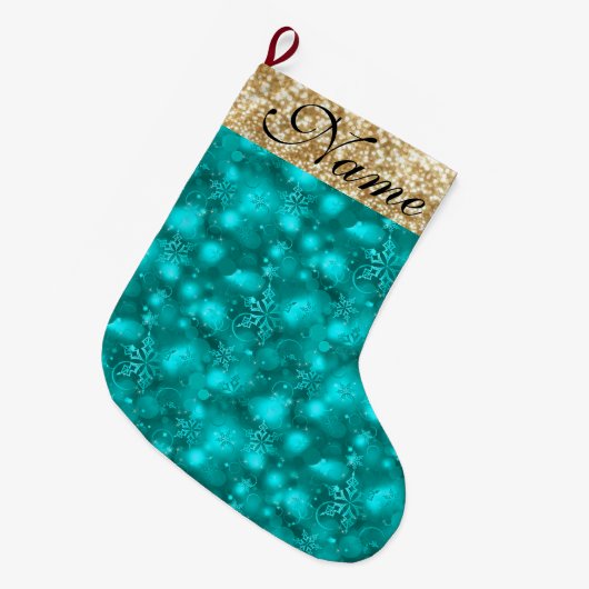 Sparkly Snowflakes, Blauwgroen & Gold Glitter - Grote Kerstsok (Voorkant (Hangend))